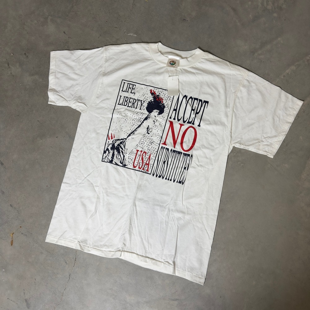 Vintage PM Life Liberty USA Graphic T-Shirt Mens Large White 90s 4th of July Tee
